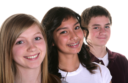 Picture of three teenagers, a female with blonde hair, a female with dark hair and braces and a male with dark hair with a closed lip smile.