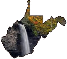 Picture of the state of West Virginia with a waterfall on the state shape.